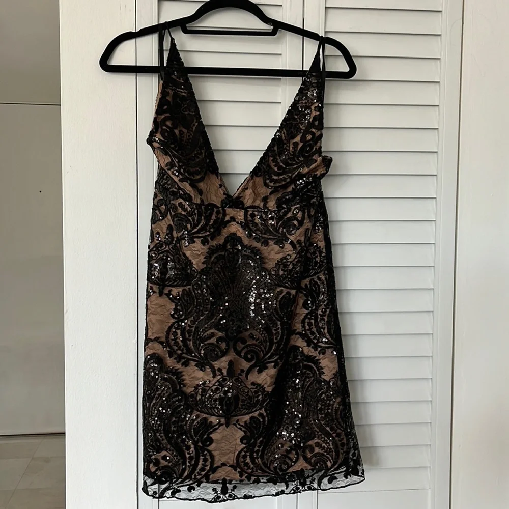 free people black sequin mini dress Embellished Brown adorned design with ruffle
